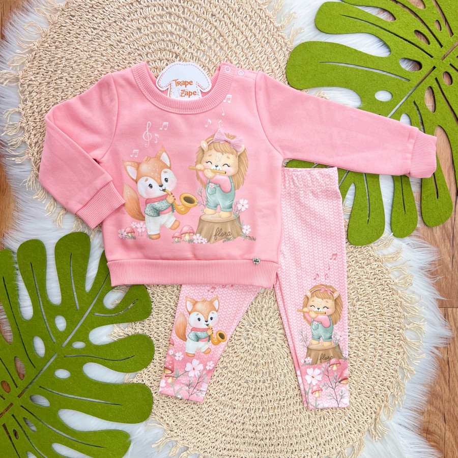 Conj. Casaco de Moletom Leoa com Raposinha e Calça Legging - Rosa